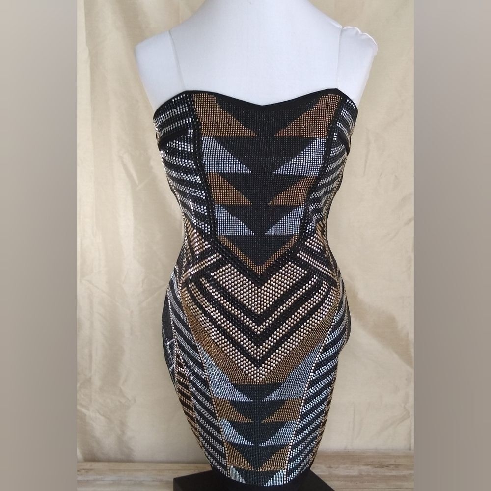 Crystal Doll Abstract Studded Strapless Bodycon Metallic Cocktail Dress